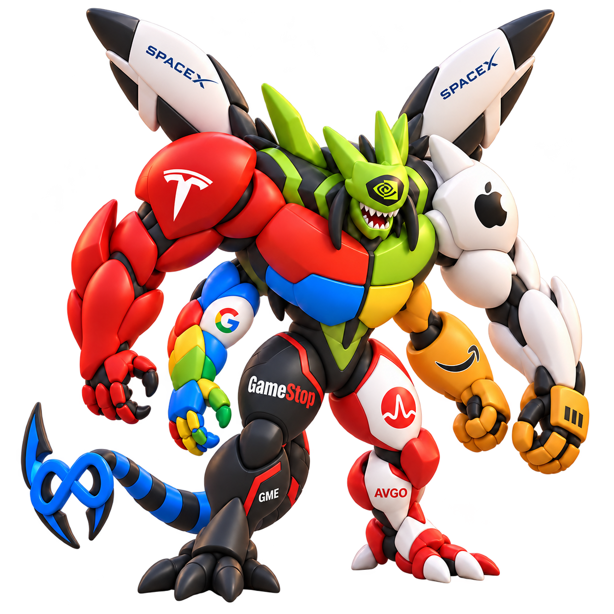 TEN TICKER, a four-armed mutant monster with rocket wings and a tail, built from parts branded by ten companies.